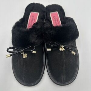 Kate Spade New York Lacey Black Faux Fur & Leather Slippers Bow Tie Comfort Sz 6